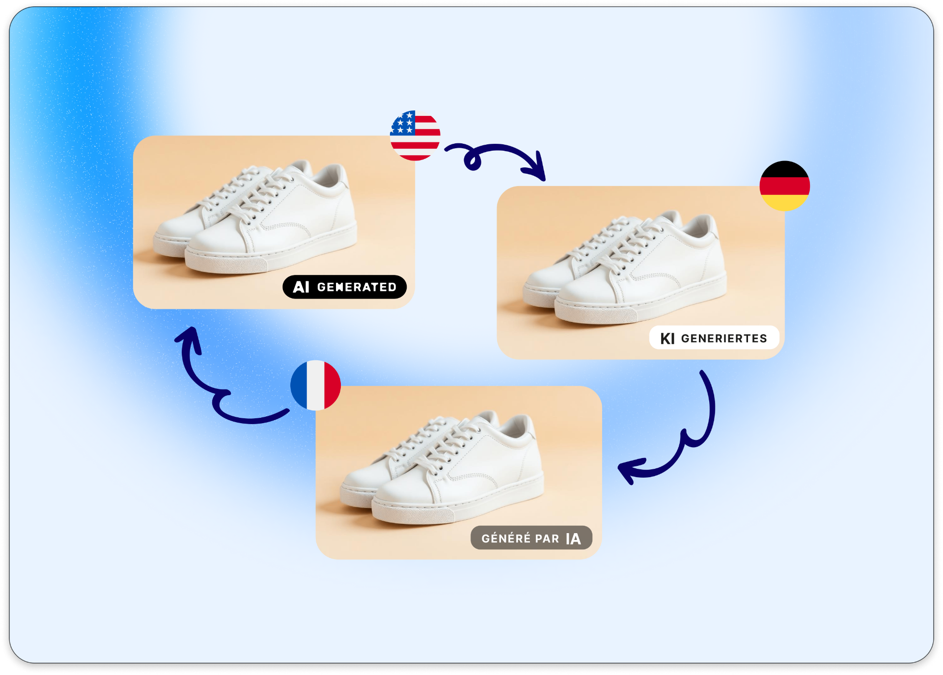 The same sneaker photo labeled in English (AI GENERATED), German (KI GENERIERT) and French (GÉNÉRÉ PAR IA)