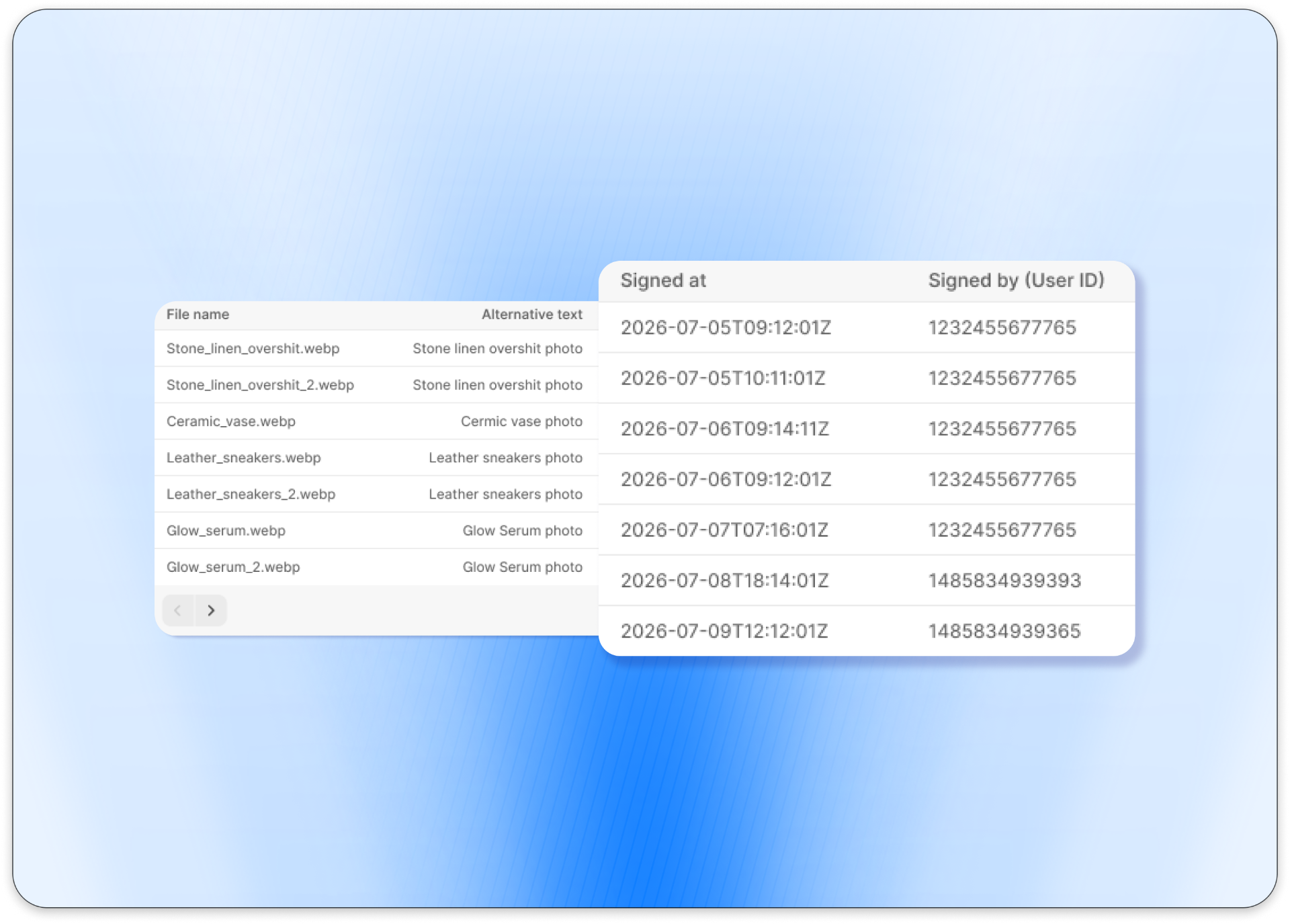 Table of labeled product photos with signed-at timestamps and signing user IDs