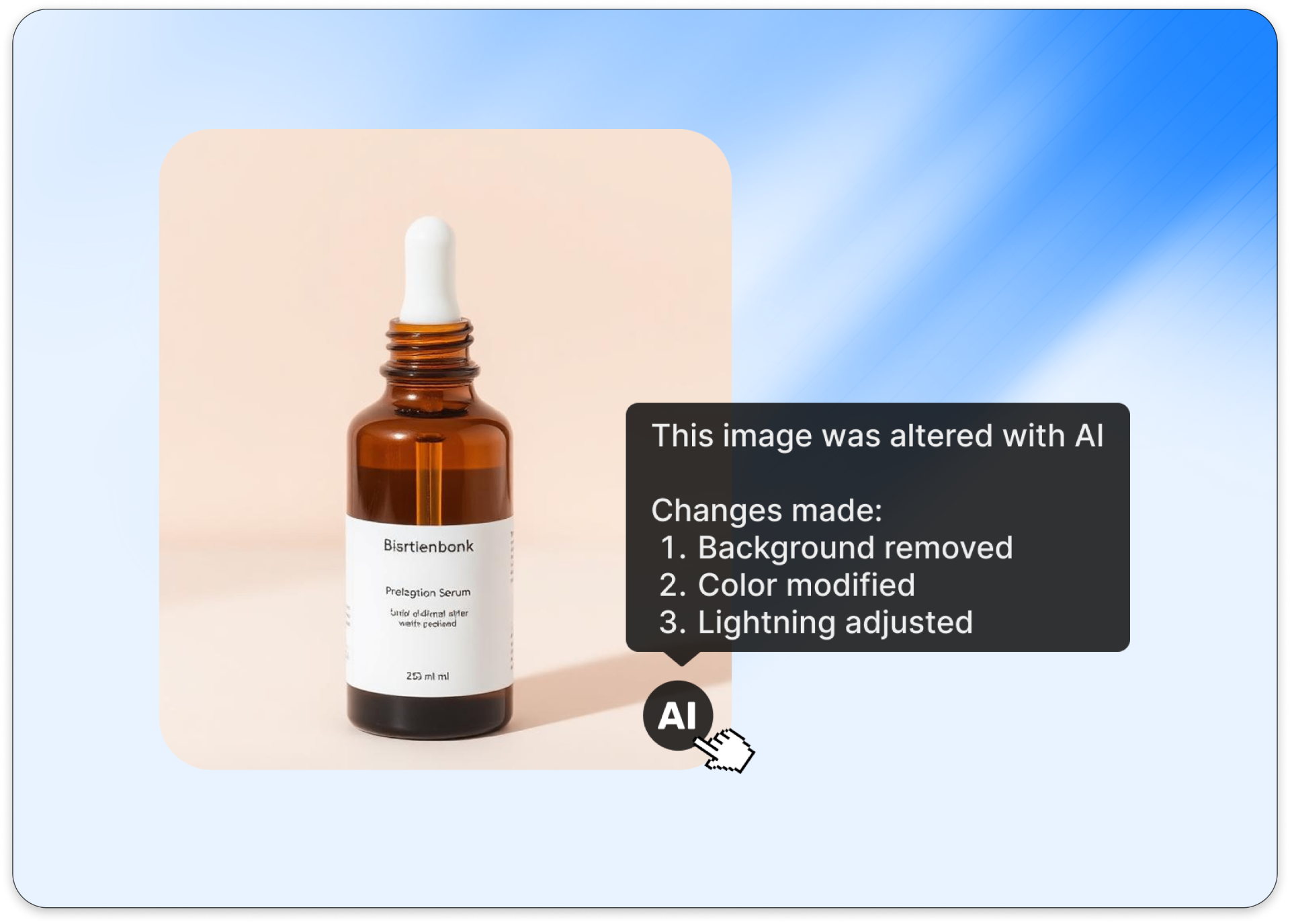 Product photo with an interactive AI label tooltip explaining how the image was altered with AI