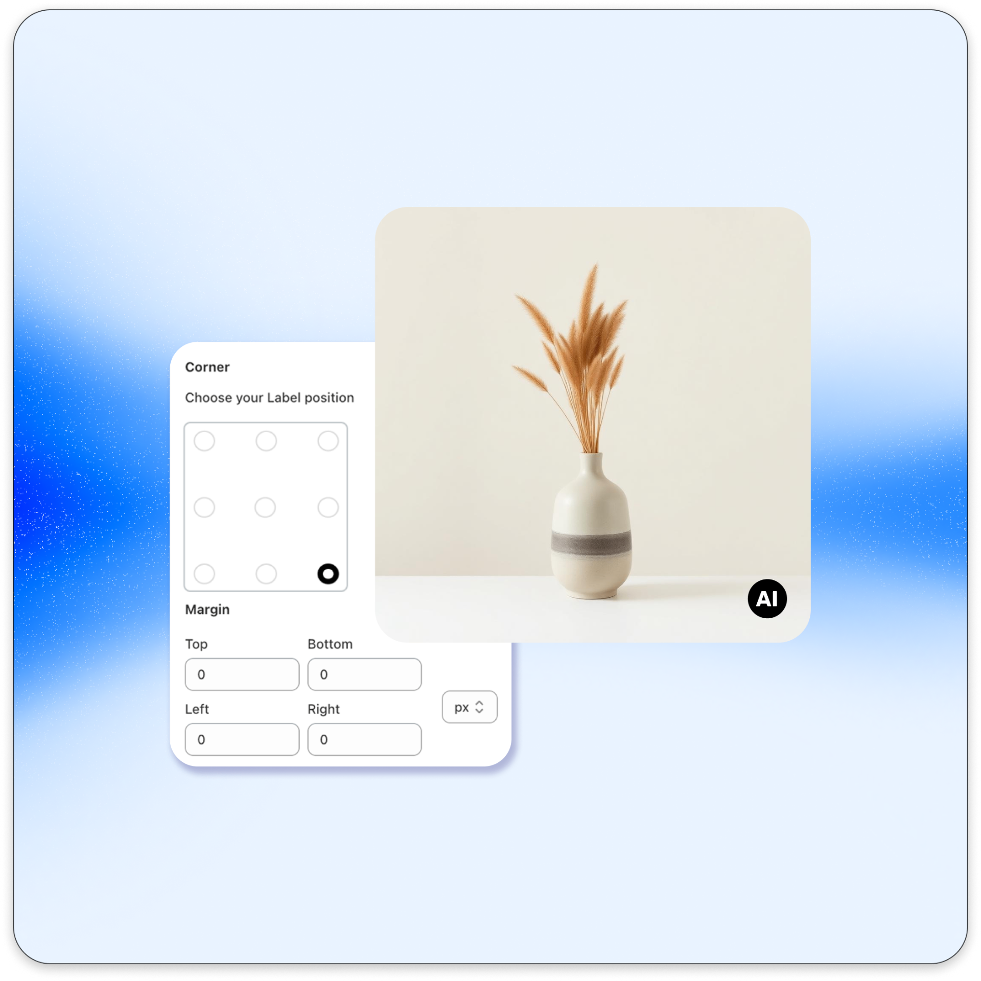 Label position and margin controls next to a product photo with the AI badge in the bottom-right corner