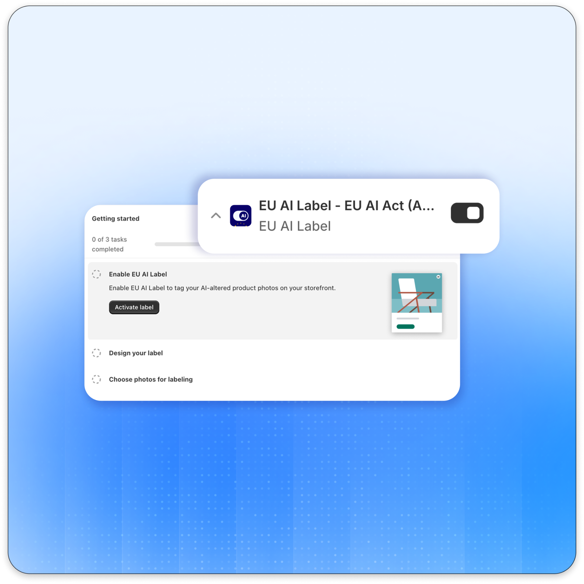 Shopify admin getting-started checklist with the EU AI Label app toggle enabled